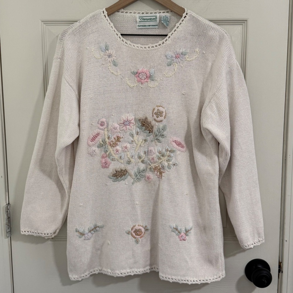 Vintage Shenanigans Sweater Womens Medium Cream Embroidered Cottagecore Grandma
